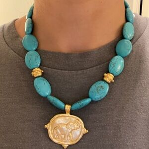 Susan Shaw Turquoise Necklace with Gold Elephant Pendant Necklace- Never worn